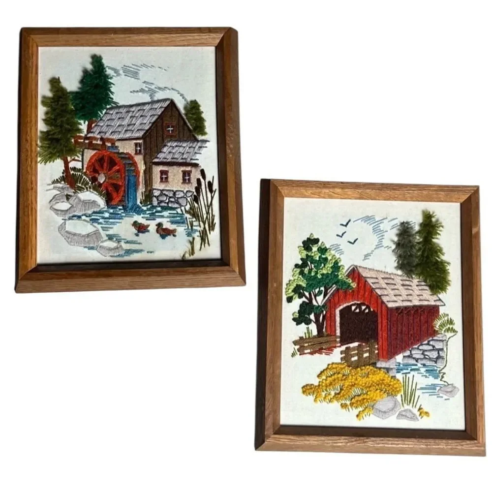 2 Set Pair 70s MCM Crewel Needlepoint Embroidered Tapestry Country Yarn Wall Art